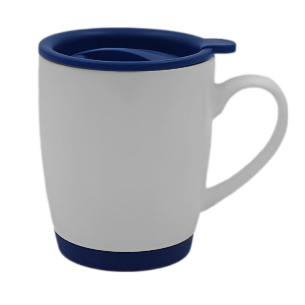 WHITE BONE CHINA MUG WITH DARK BLUE LID AND BASE